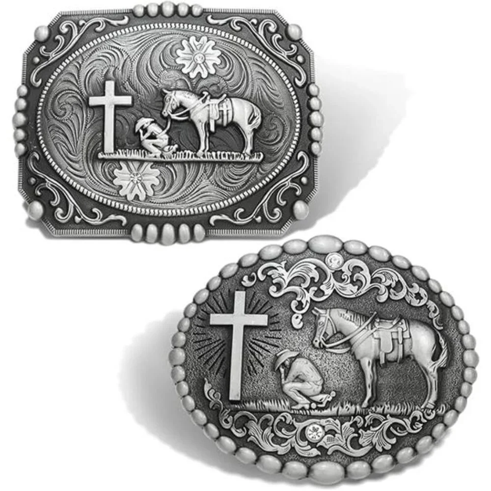 2 Pieces American Western Cowboy Belt Buckles, Mens Religion Cross Horse